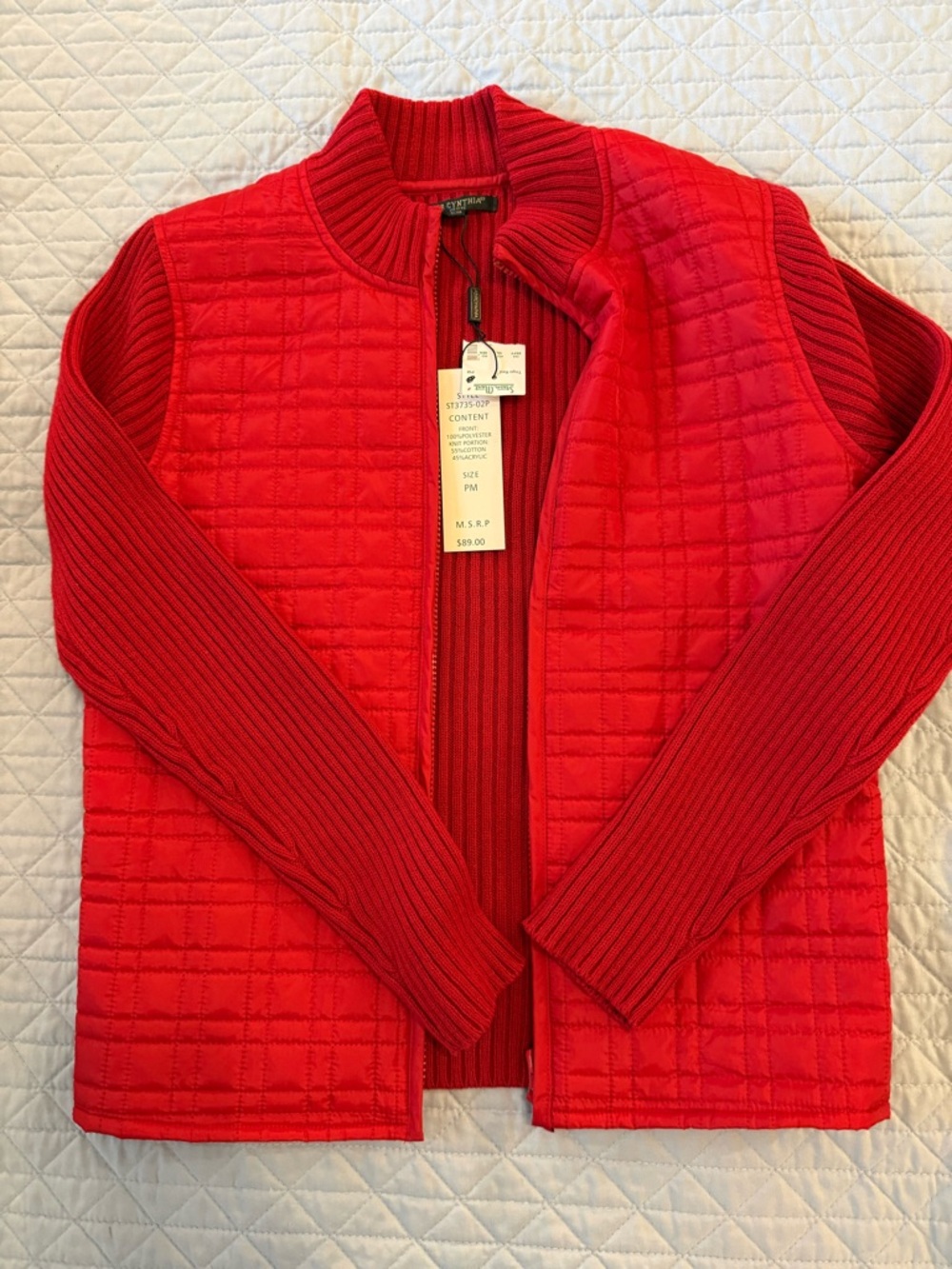 For Cynthia Bright Red Quilted Zip-Front Sweater Jacket
